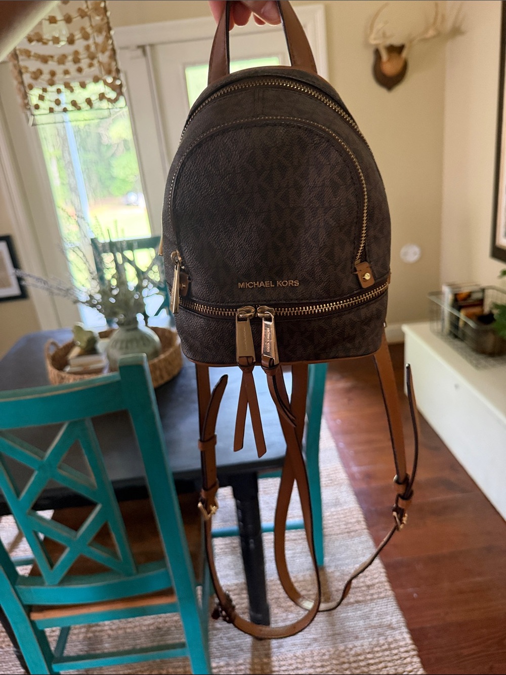 Michael Kors Brown Logo Mini Backpack with Tan Accents